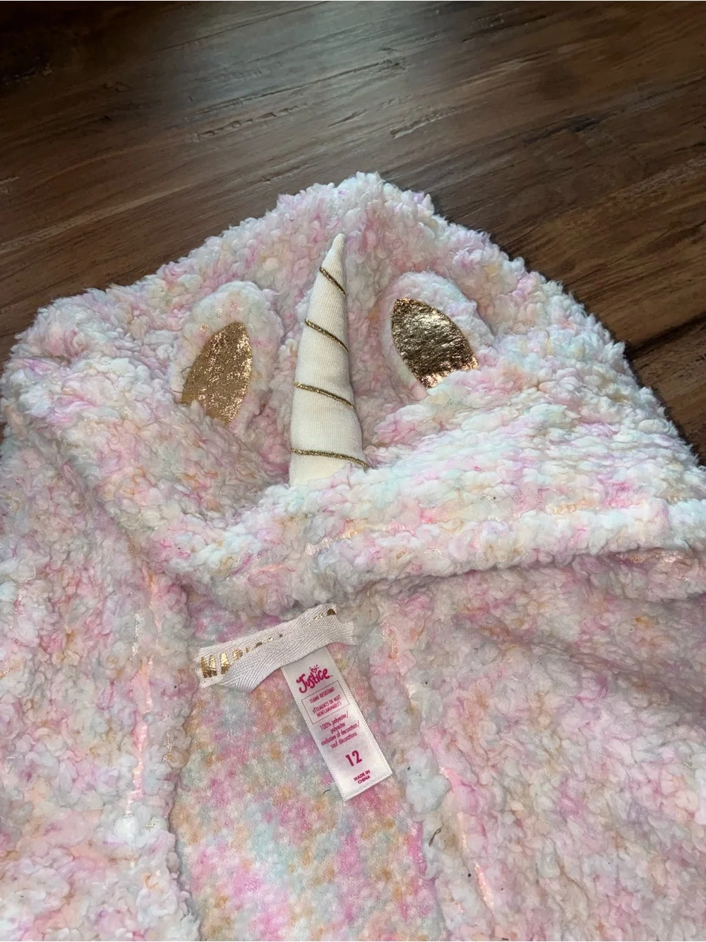Justice Girls Unicorn Hooded Plush Robe - Light Pink with Gold Horn